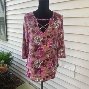 NWOT Pink Floral Keyhole Top with 3/4 Length Sleeves